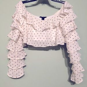 Frilly polka dot cropped long sleeve shirt